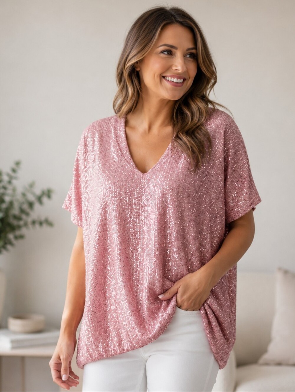 Pink Sequin V-Neck Top